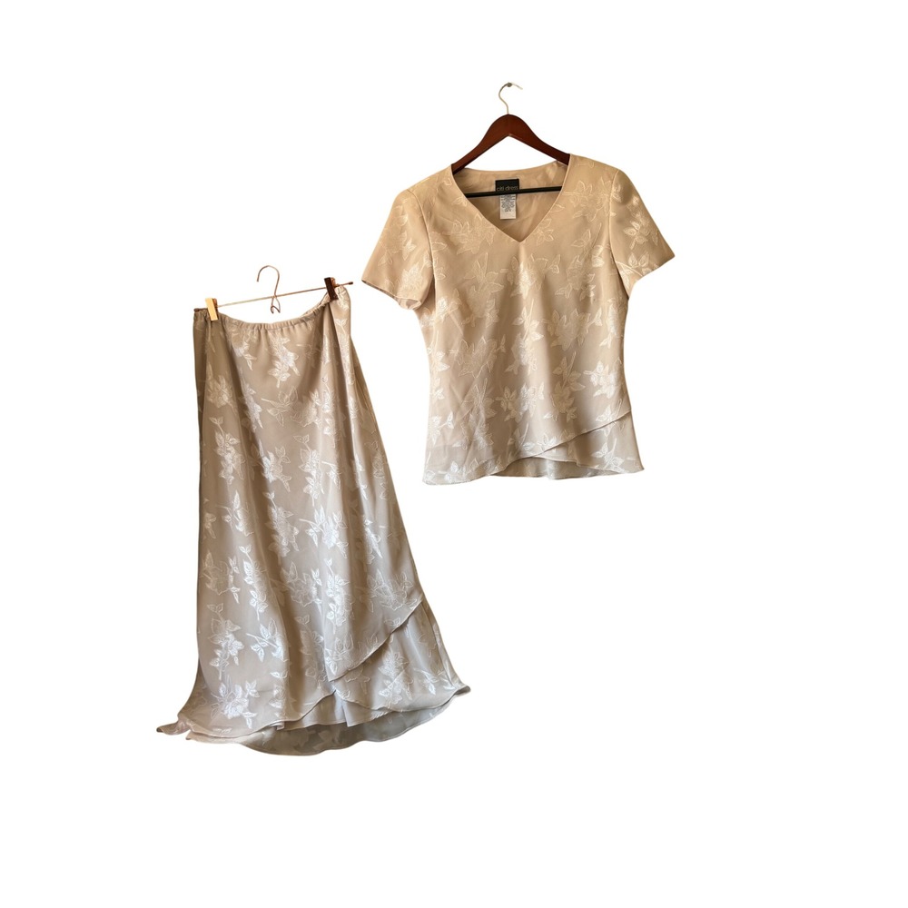 Y2k 90s Citi Dress Champagne‎ Beige Floral Jacquard 2 Piece Skirt Set Size 10